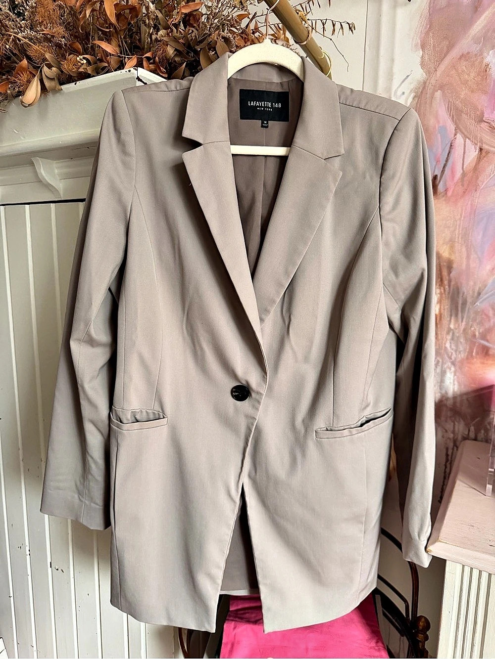 Lafayette 148 New York Virgin Wool Single Button Blazer Gray Size 14